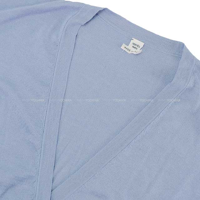 HERMES Cardigan Ladies Long Vneck Embroidery Bleugray Cashmere50% / Silk50% 38