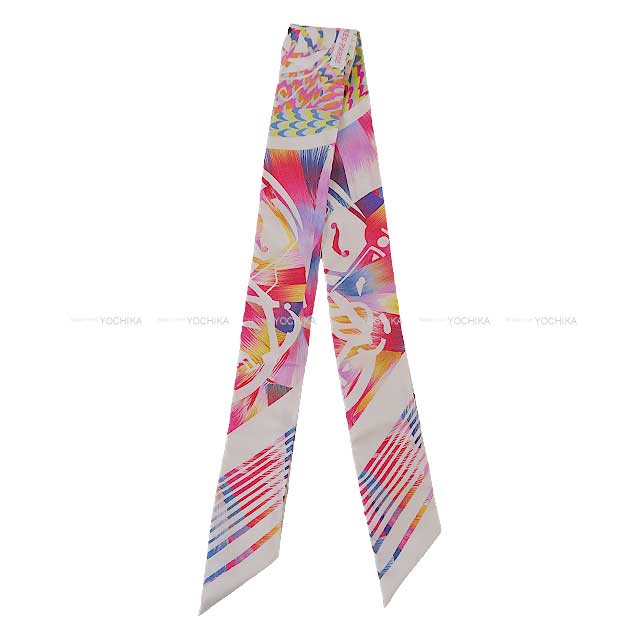 HERMES scarf Twilly Kyoto Marble Ex-Libris Rose/Blanc (White)/Blue Silk100%