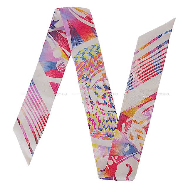 HERMES scarf Twilly Kyoto Marble Ex-Libris Rose/Blanc (White)/Blue Silk100%