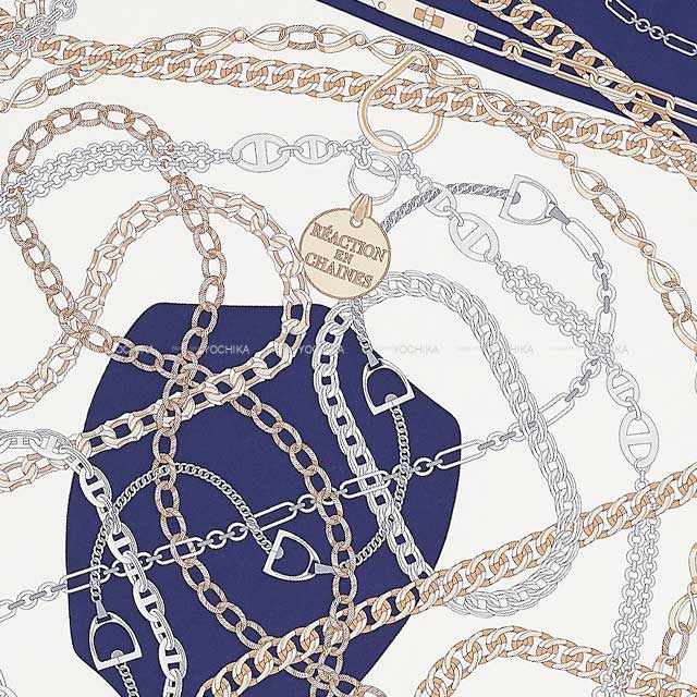 2021SS HERMES scarf Carre 90 Reaction En Chaire White/Marine Silk100%