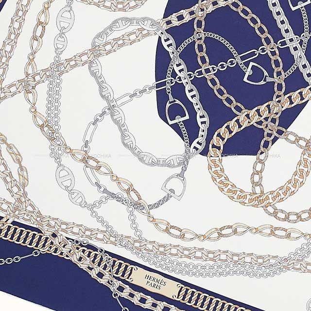 2021SS HERMES scarf Carre 90 Reaction En Chaire White/Marine Silk100%