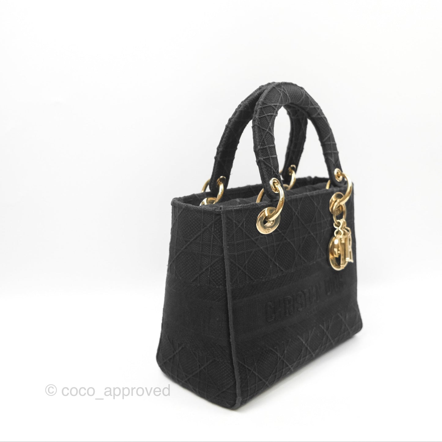 Christian Dior Medium Lady D-Lite Bag Black Cannage Embroidery Gold Hardware