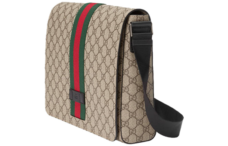 GUCCI Logo Stripe Webbing Leather Logo Canvas Shoulder Messenger Bag / Black 475432-KHNGN-9692