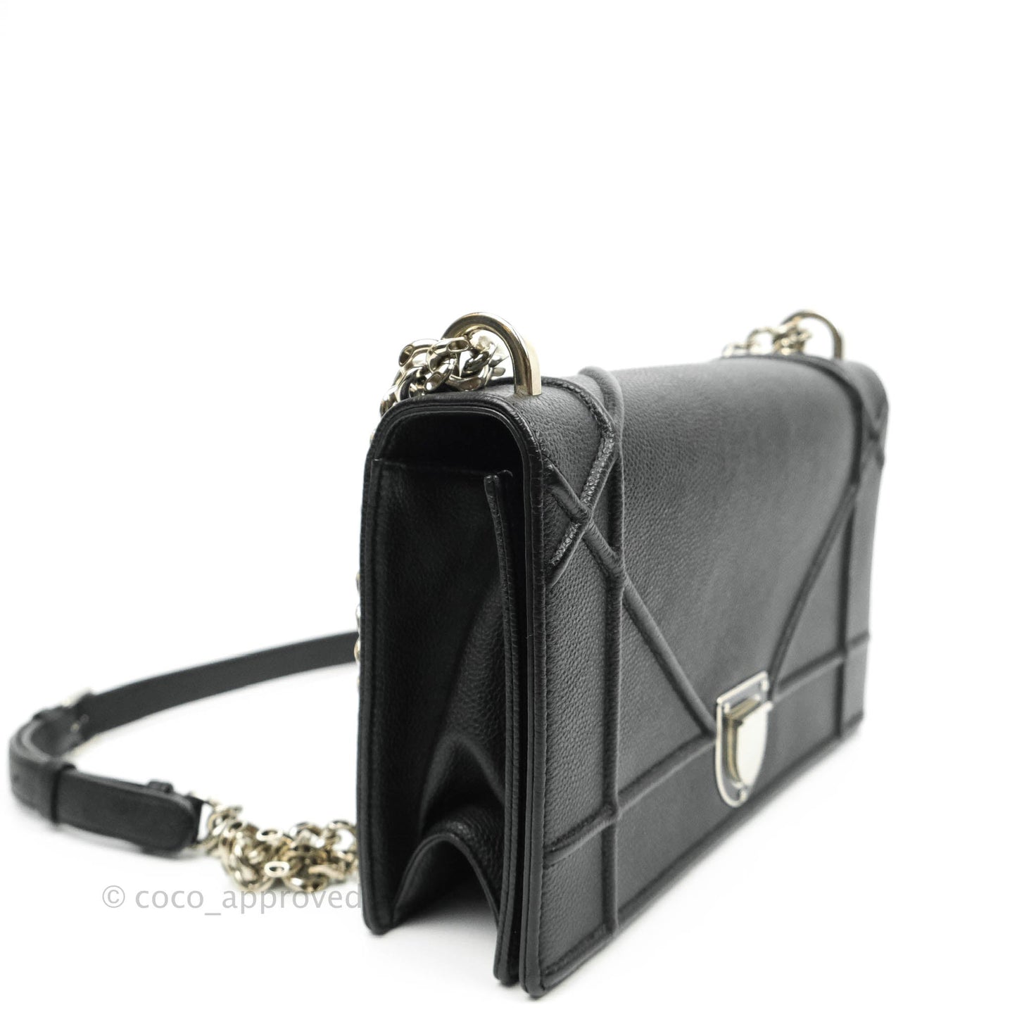 Christian Dior Diorama Medium Flap Shoulder Bag Black Grained Leather Silver Hardware
