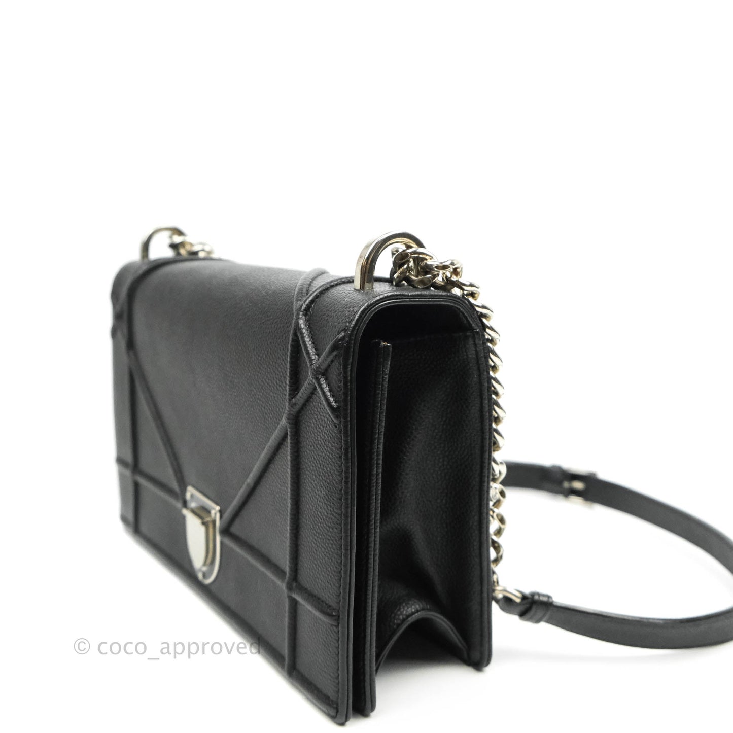 Christian Dior Diorama Medium Flap Shoulder Bag Black Grained Leather Silver Hardware