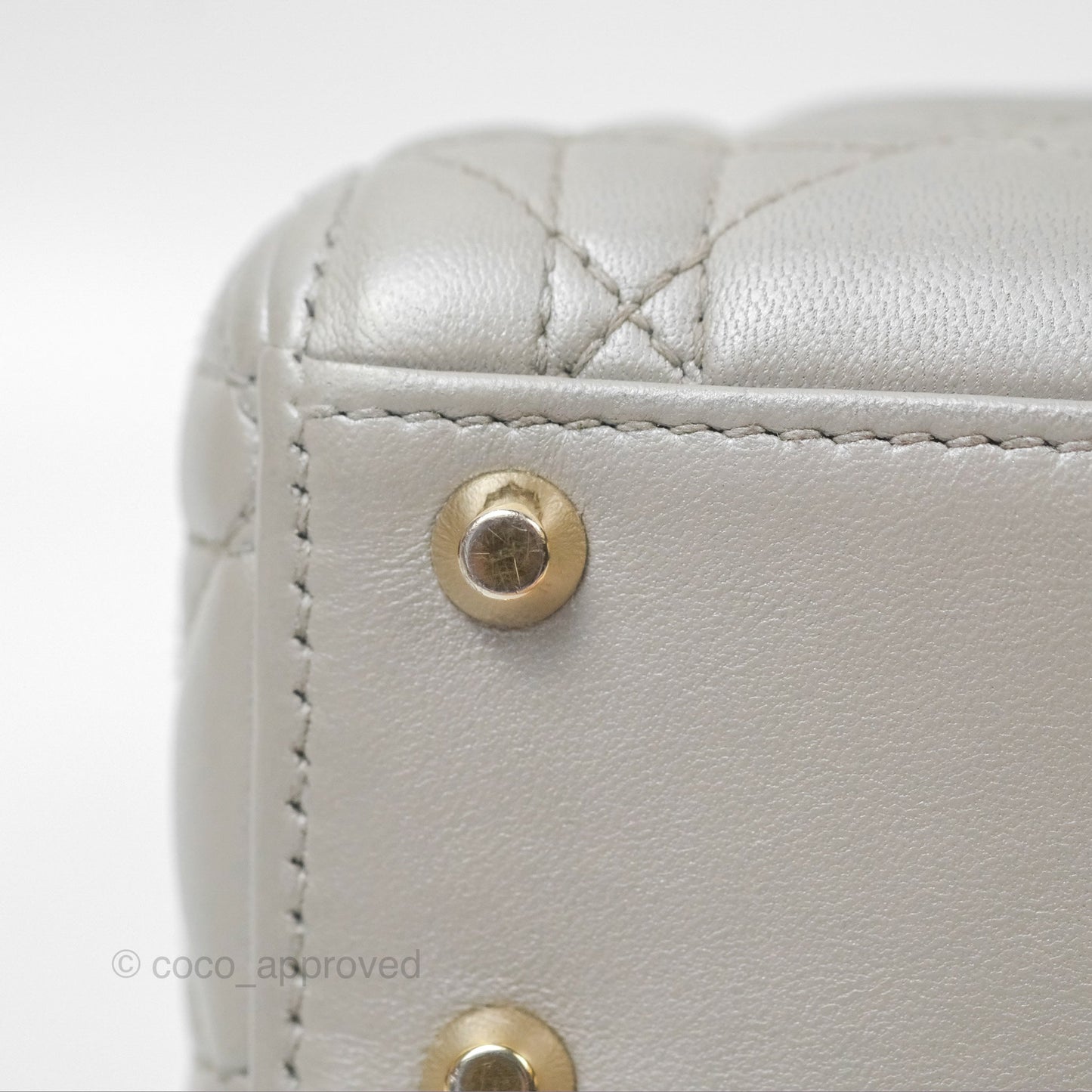 Christian Dior Mini Lady Dior Iridescent Light Grey Cannage Lambskin Gold Hardware
