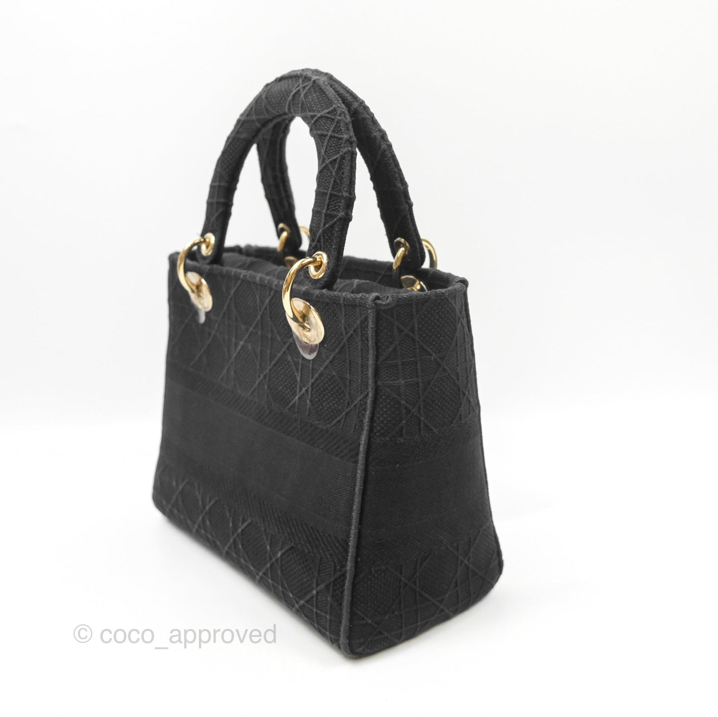 Christian Dior Medium Lady D-Lite Bag Black Cannage Embroidery Gold Hardware