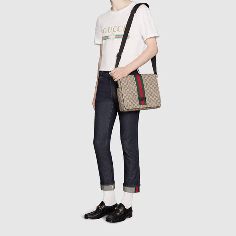 GUCCI Logo Stripe Webbing Leather Logo Canvas Shoulder Messenger Bag / Black 475432-KHNGN-9692