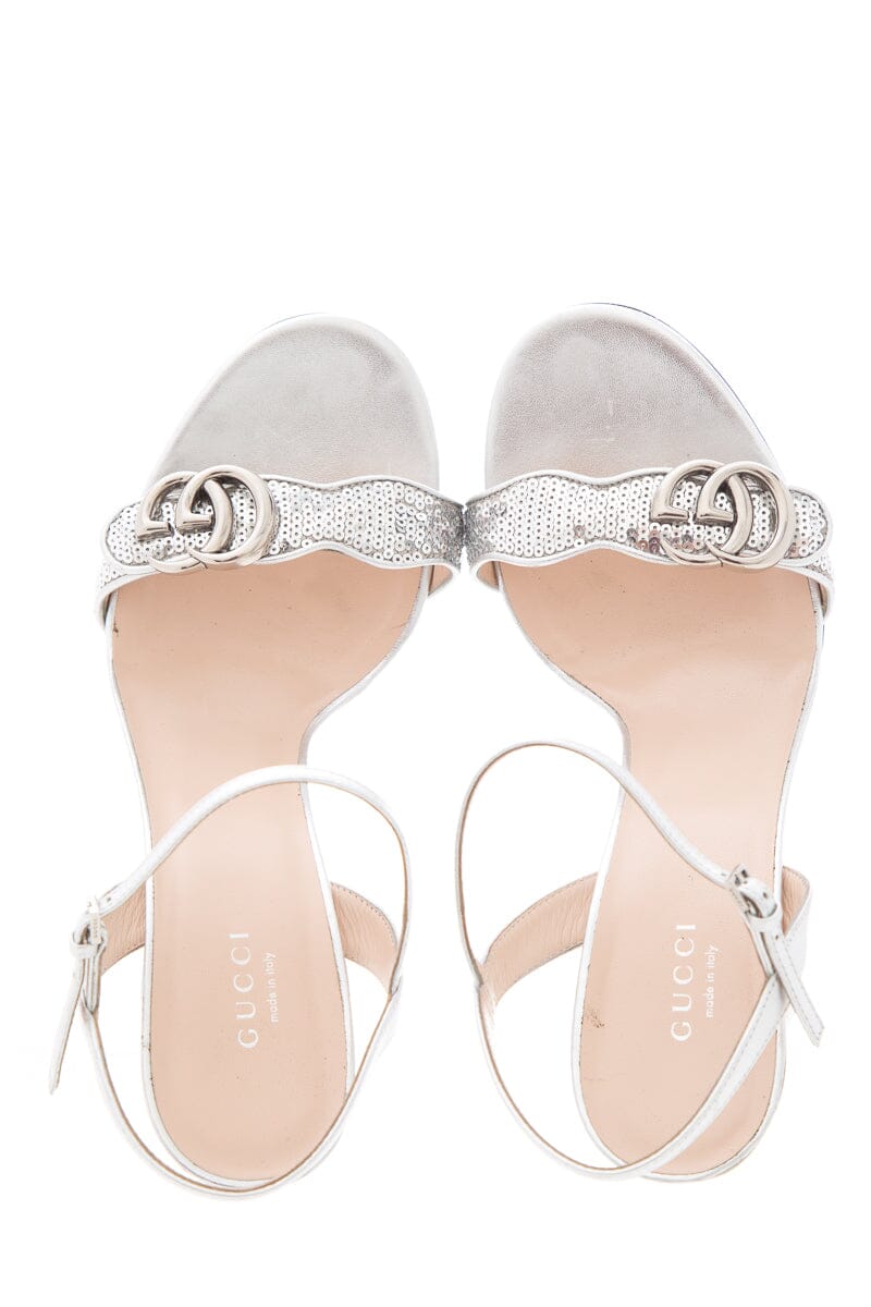 Gucci Silver Sequin Marmont Open Toe Heels SZ 40