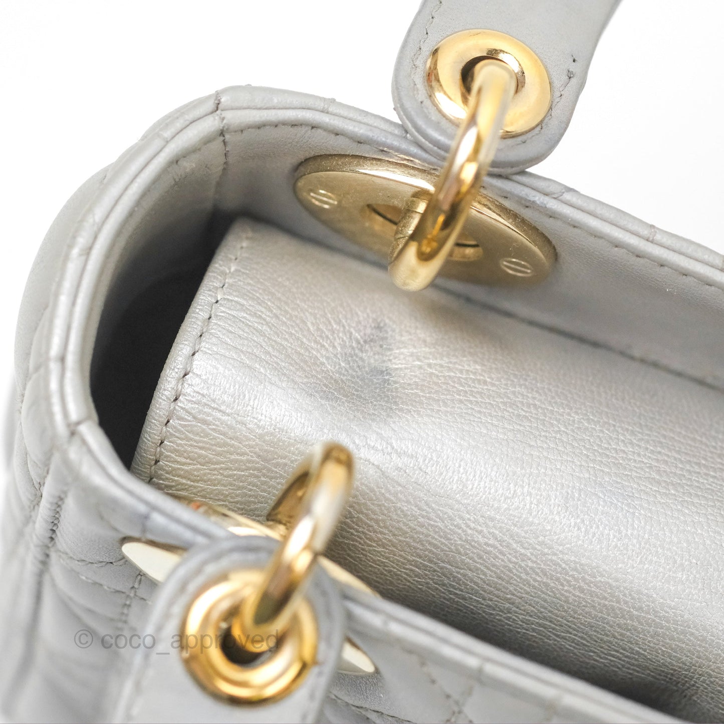 Christian Dior Mini Lady Dior Iridescent Light Grey Cannage Lambskin Gold Hardware