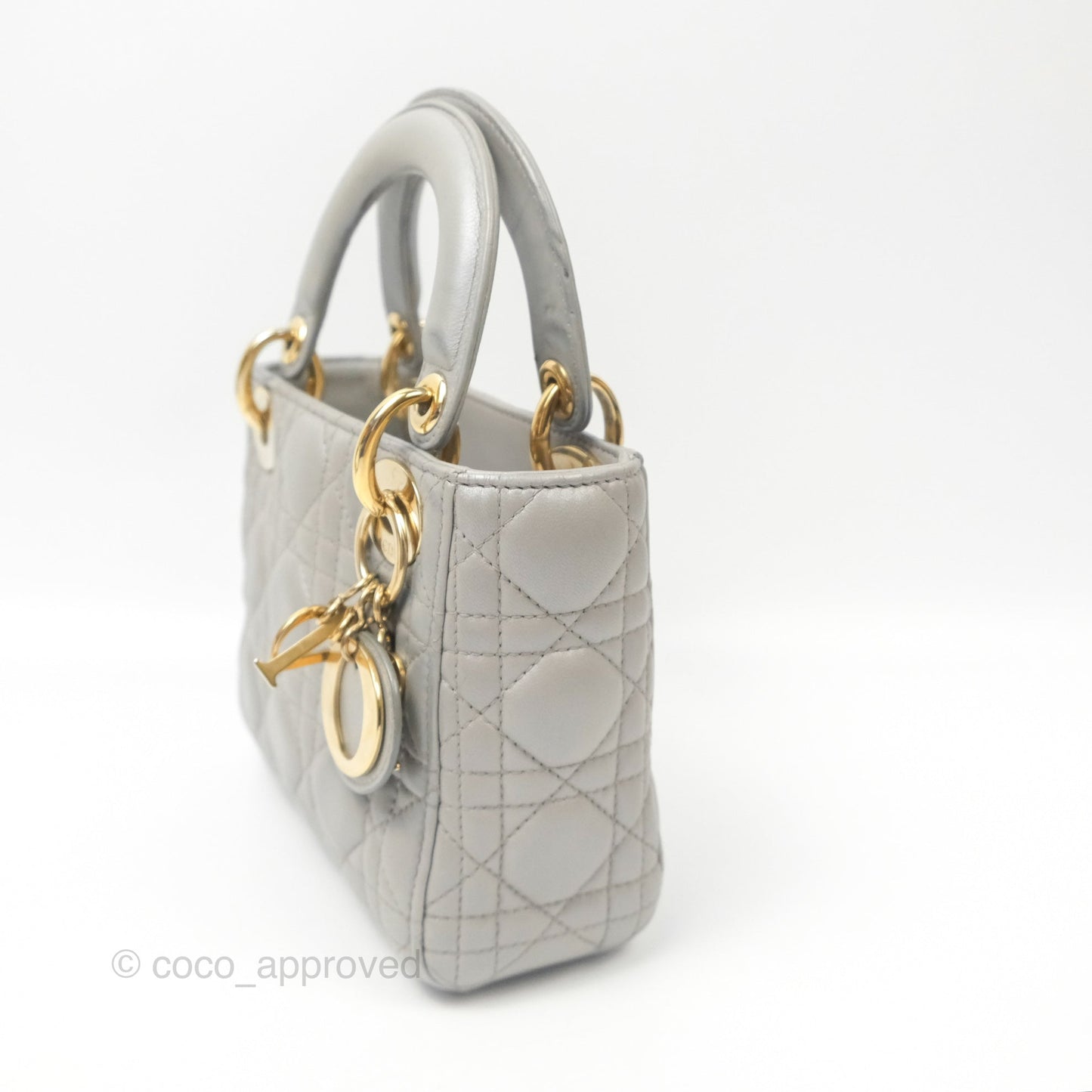Christian Dior Mini Lady Dior Iridescent Light Grey Cannage Lambskin Gold Hardware