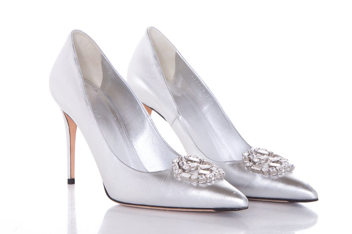 Gucci Metallic Silver Embellished Toe Heels SZ 38.5