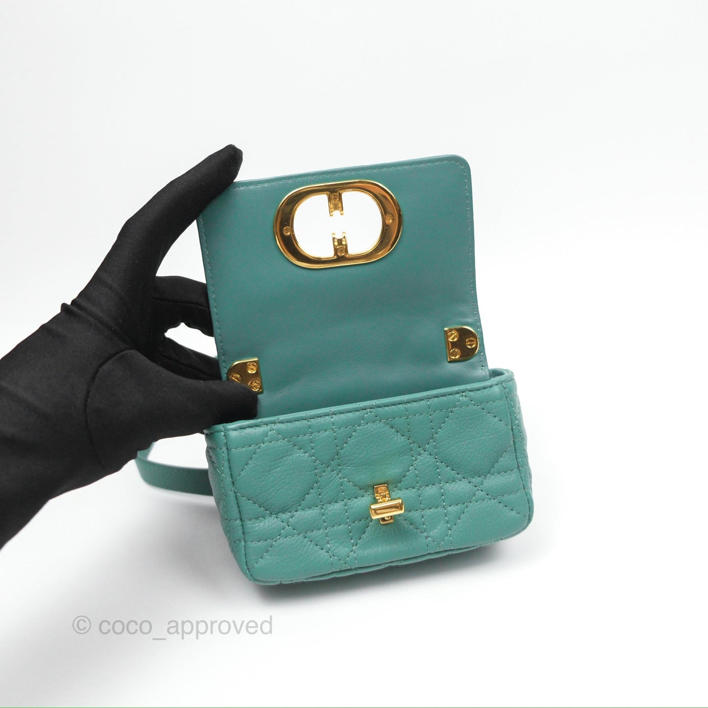 Christian Dior Micro Caro Bag in Tundra Green Supple Cannage Calfskin Gold Hardware