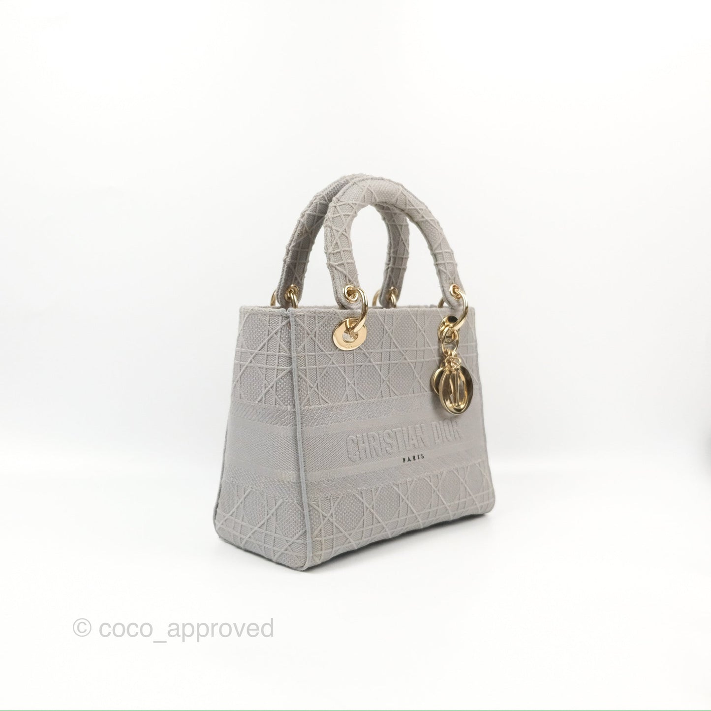 Christian Dior Medium Lady D-Lite Bag Gray Cannage Embroidery Gold Hardware
