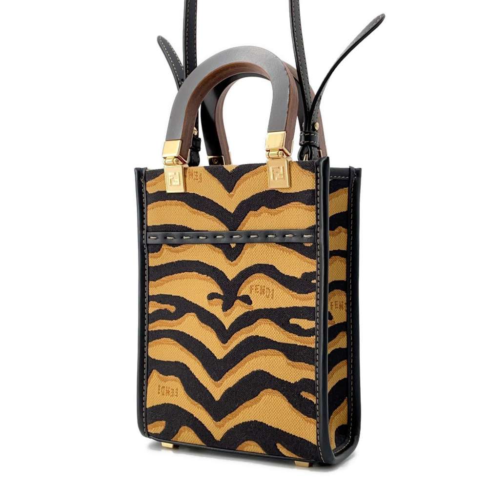 FENDI Sunshine Shopper 2WAY Shoulder Bag Brown/Black 8BS051 Canvas Wood Leather