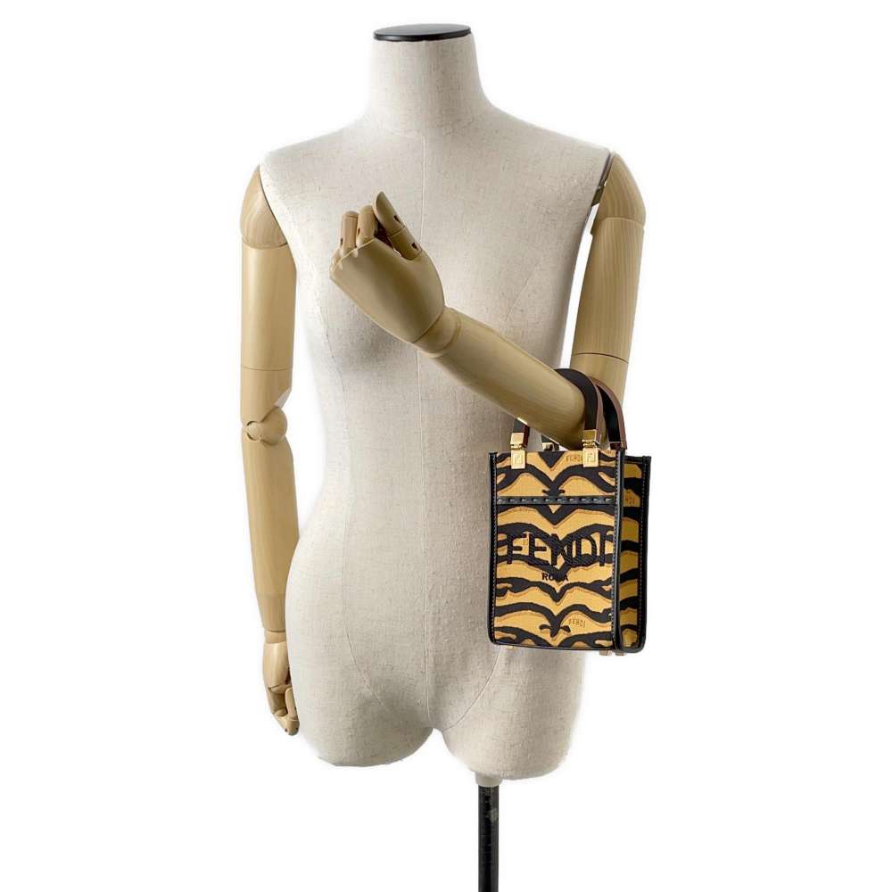 FENDI Sunshine Shopper 2WAY Shoulder Bag Brown/Black 8BS051 Canvas Wood Leather
