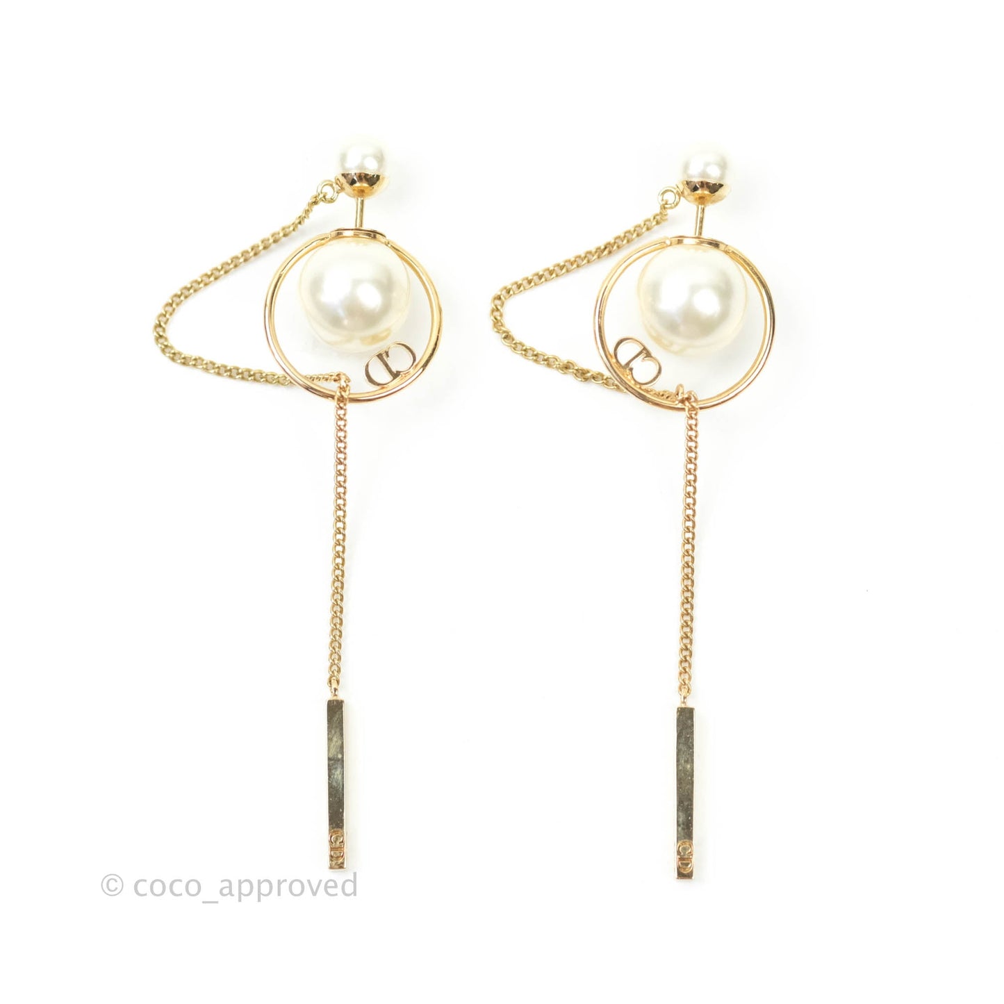 Christian Dior CD Pearl Long Drop Earrings Gold Tone