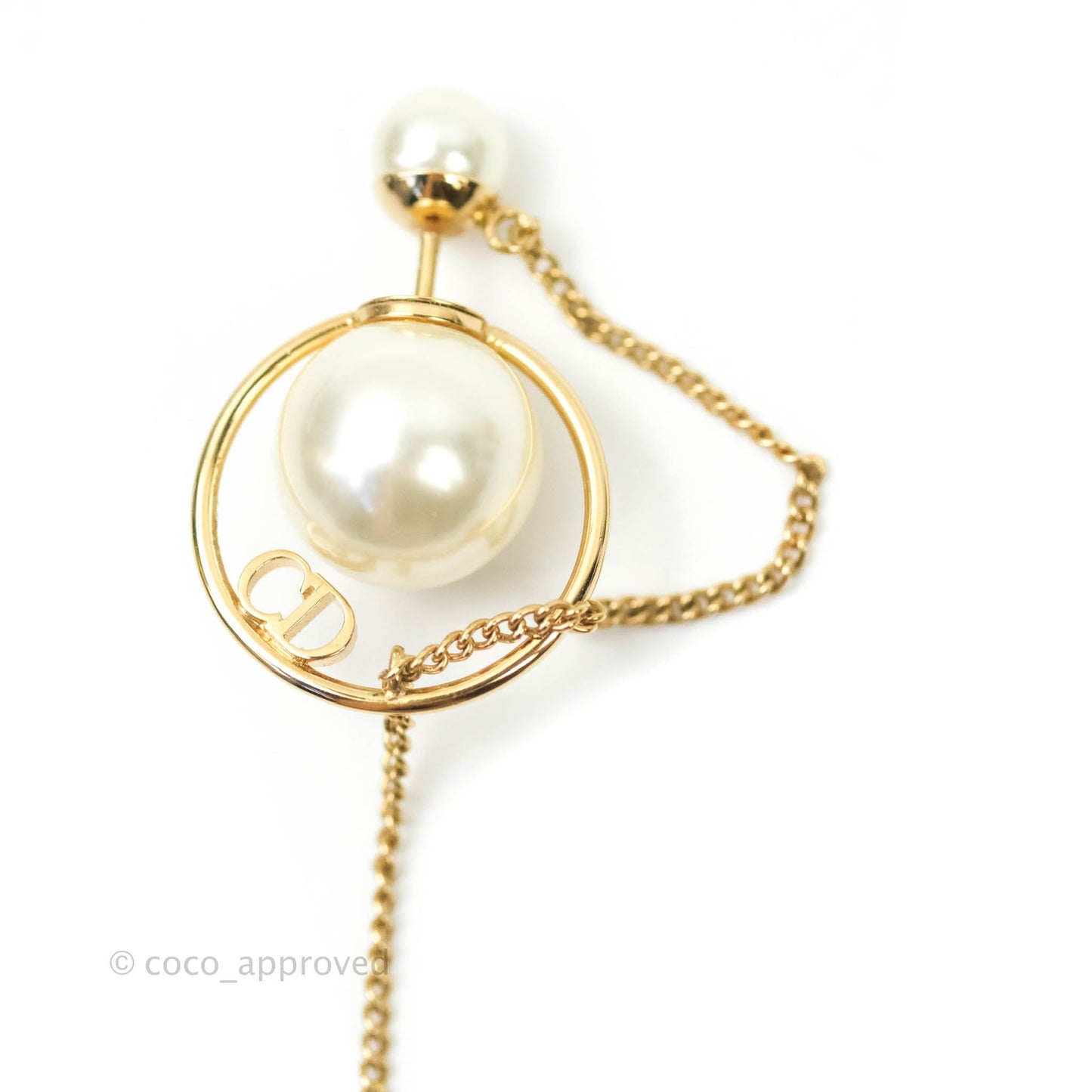 Christian Dior CD Pearl Long Drop Earrings Gold Tone