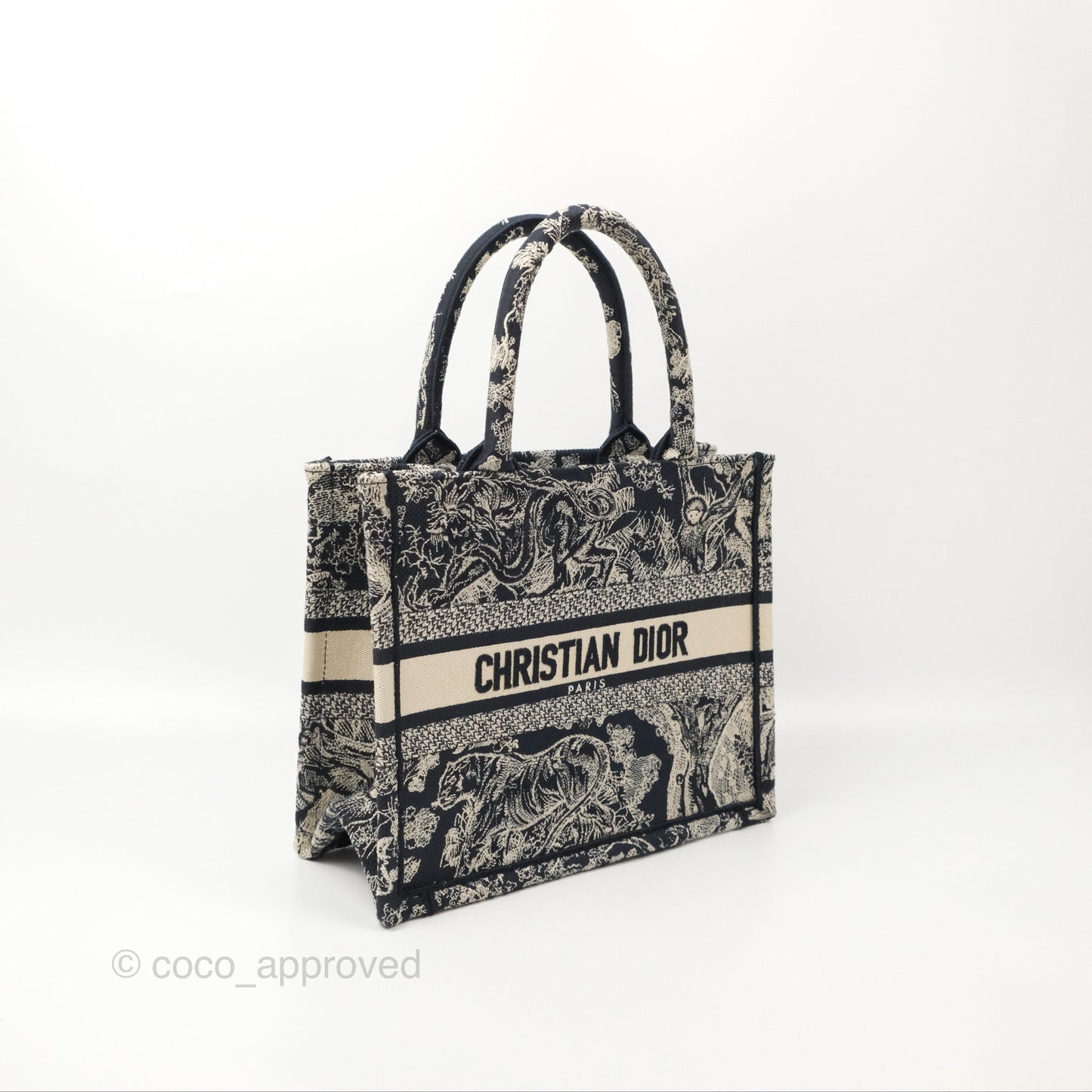 Christian Dior New Small Embroidered Toile De Jouy Canvas Book Tote Navy