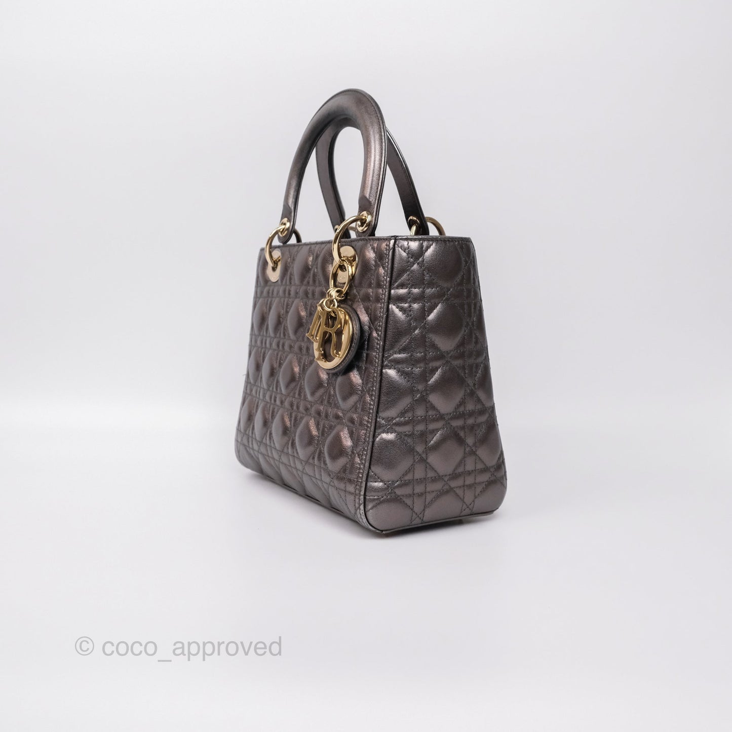Christian Dior Medium Lady Dior Metallic Dark Grey Lambskin Gold Hardware