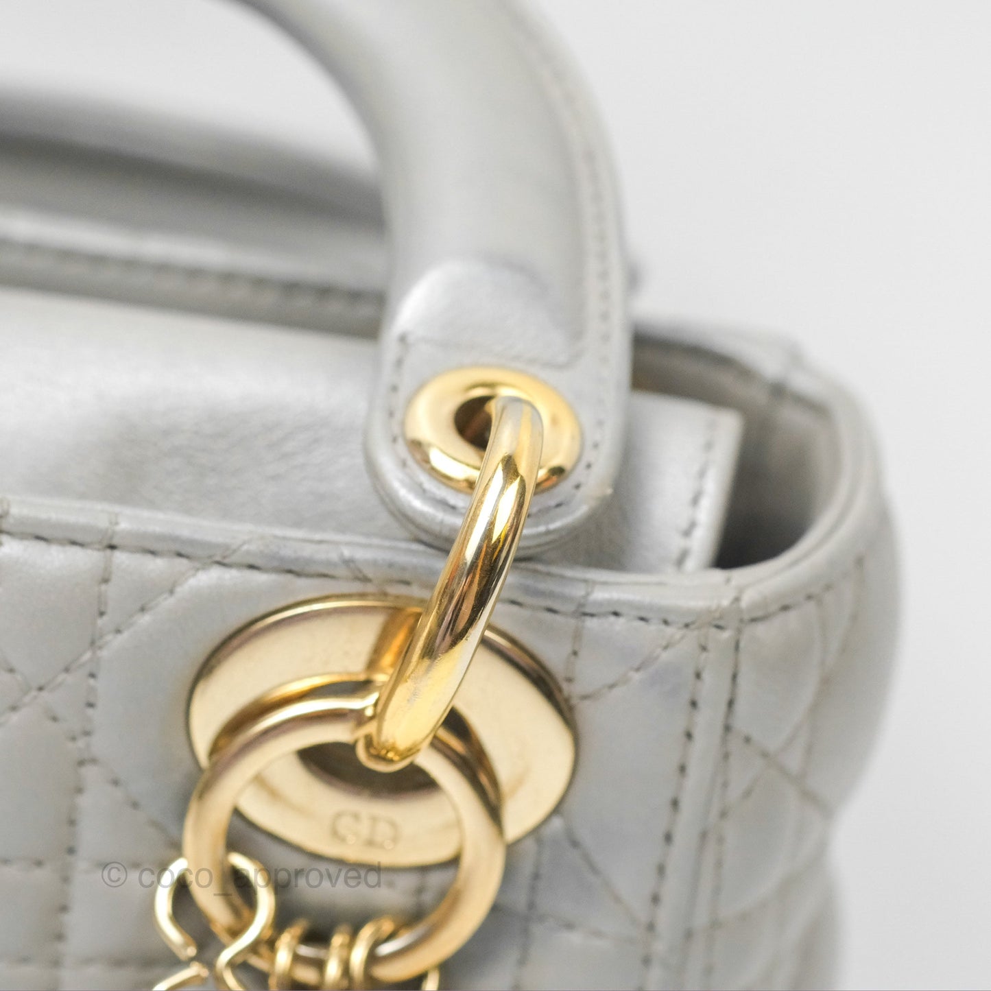 Christian Dior Mini Lady Dior Iridescent Light Grey Cannage Lambskin Gold Hardware