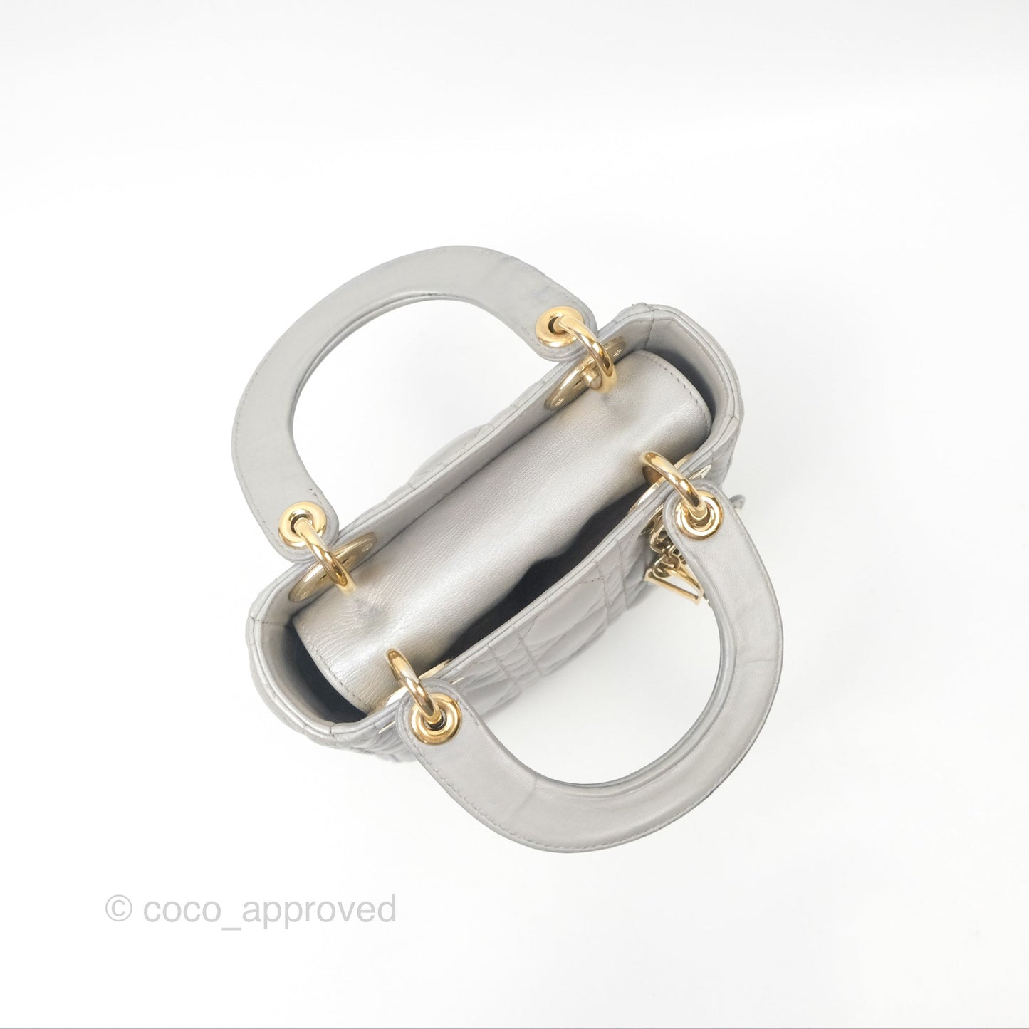Christian Dior Mini Lady Dior Iridescent Light Grey Cannage Lambskin Gold Hardware