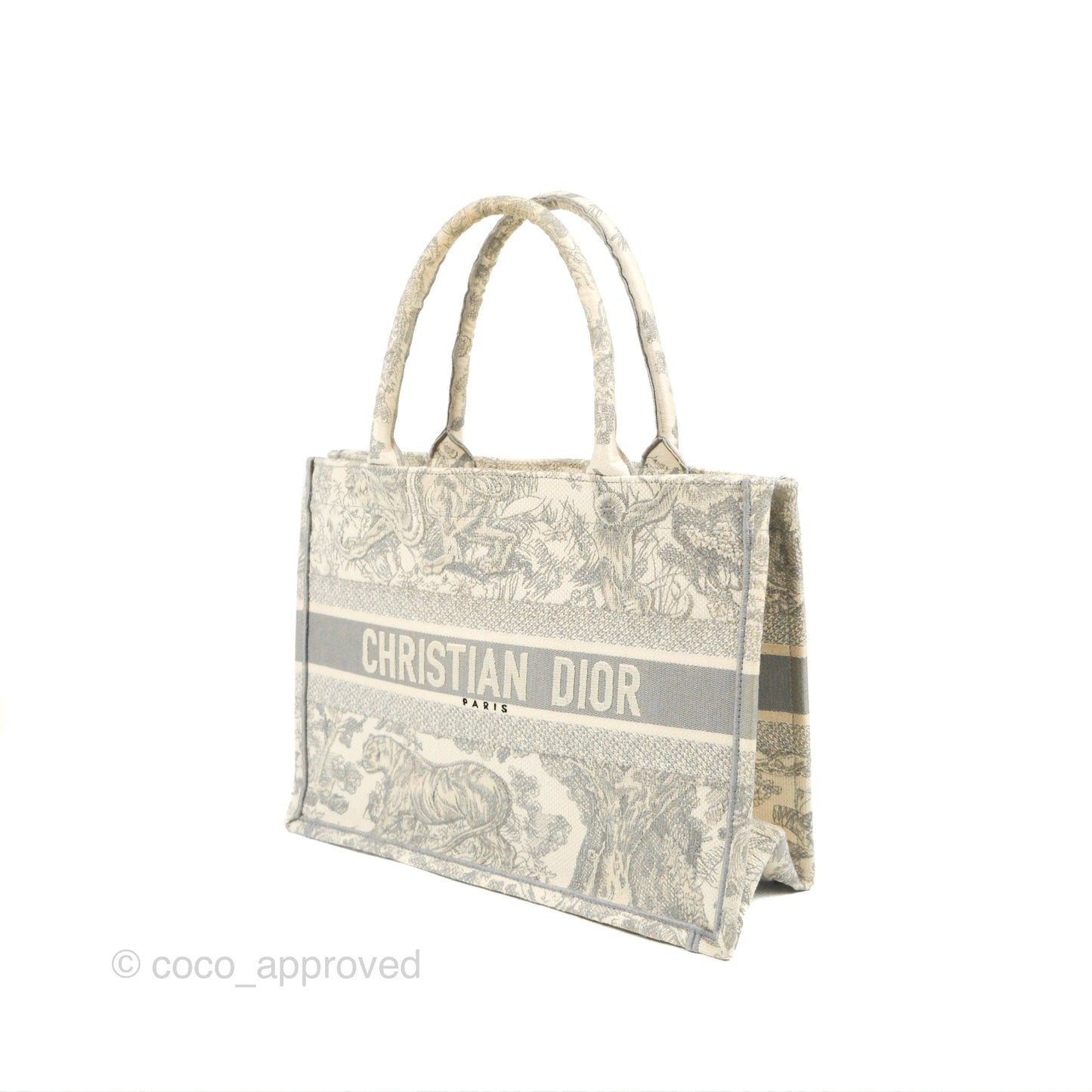 Christian Dior Medium (Old Small) Embroidered Toile De Jouy Light Grey Canvas Book Tote