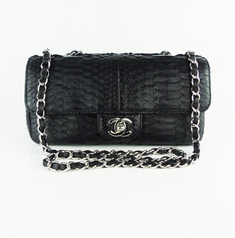 CHANEL black python exotic leather classic mini rectangular flap bag