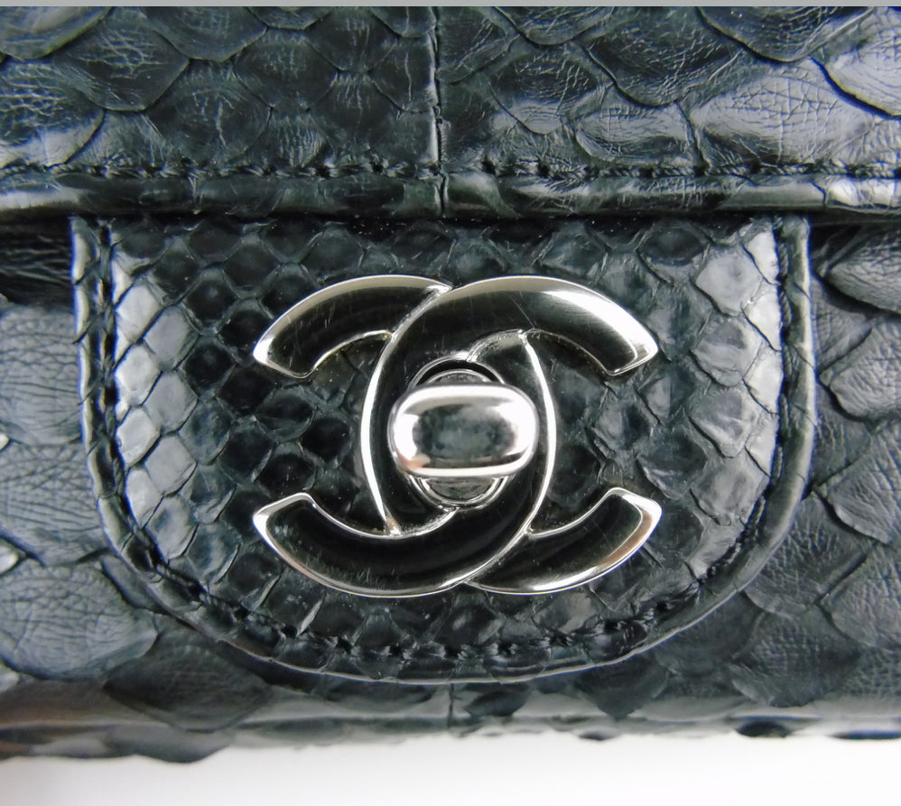 CHANEL black python exotic leather classic mini rectangular flap bag