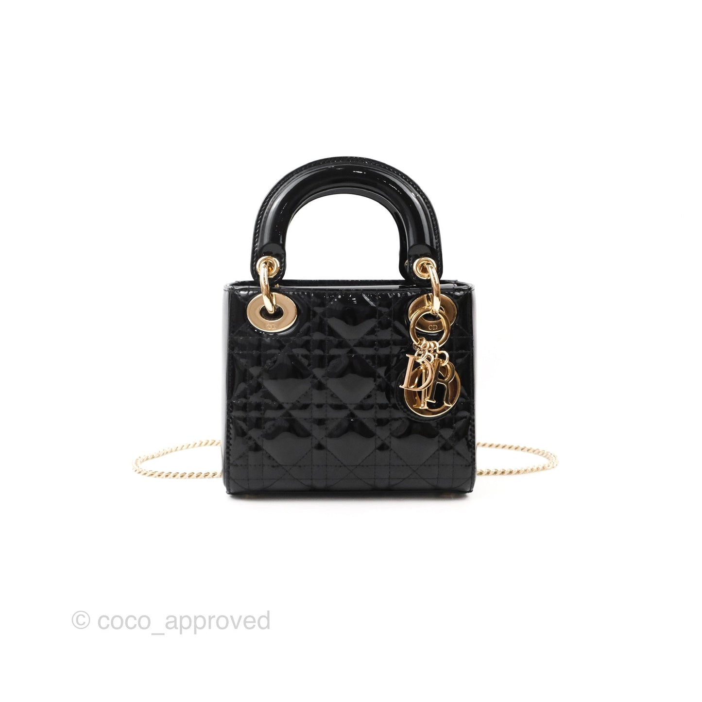 Christian Dior Mini Lady Dior Black Patent Gold Hardware