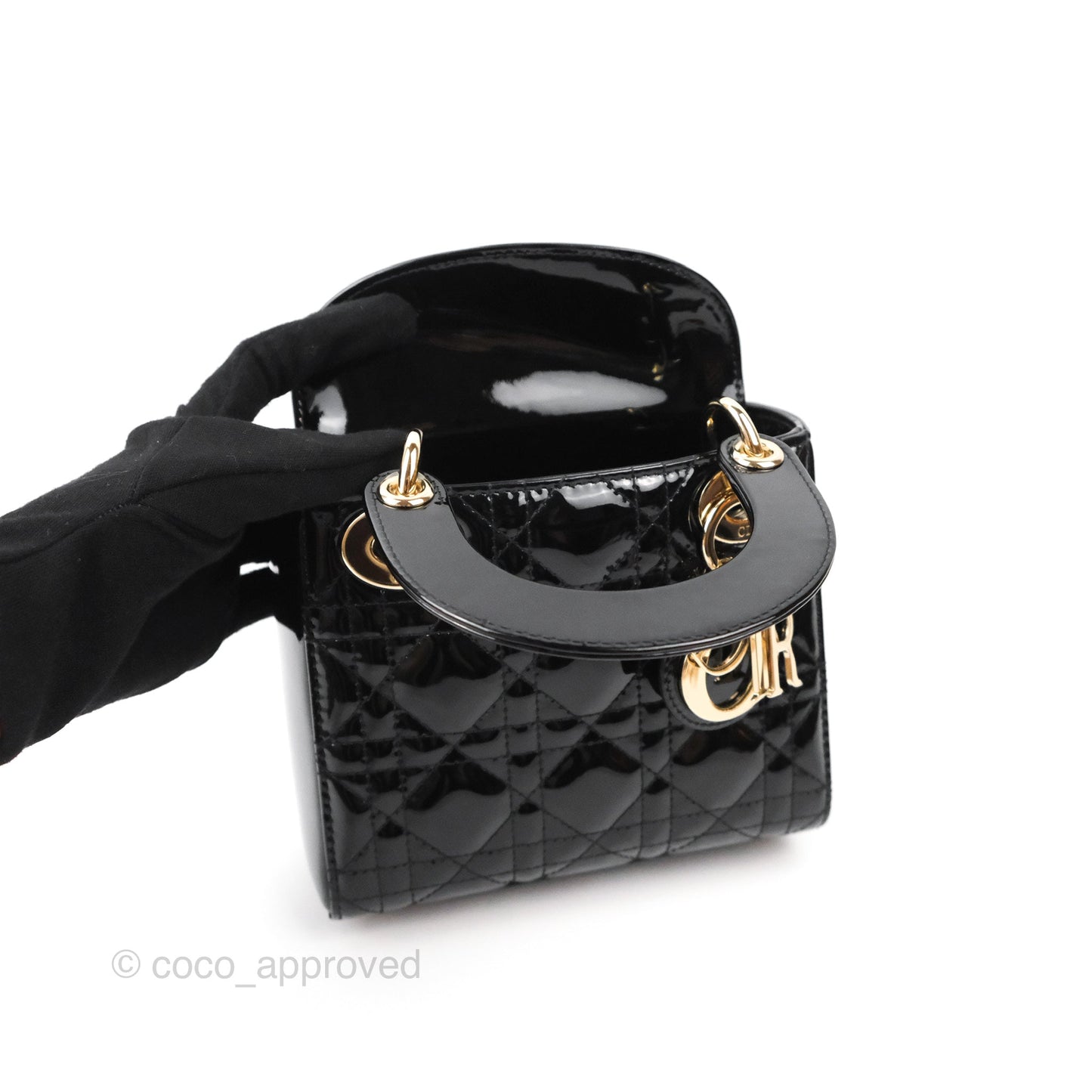Christian Dior Mini Lady Dior Black Patent Gold Hardware