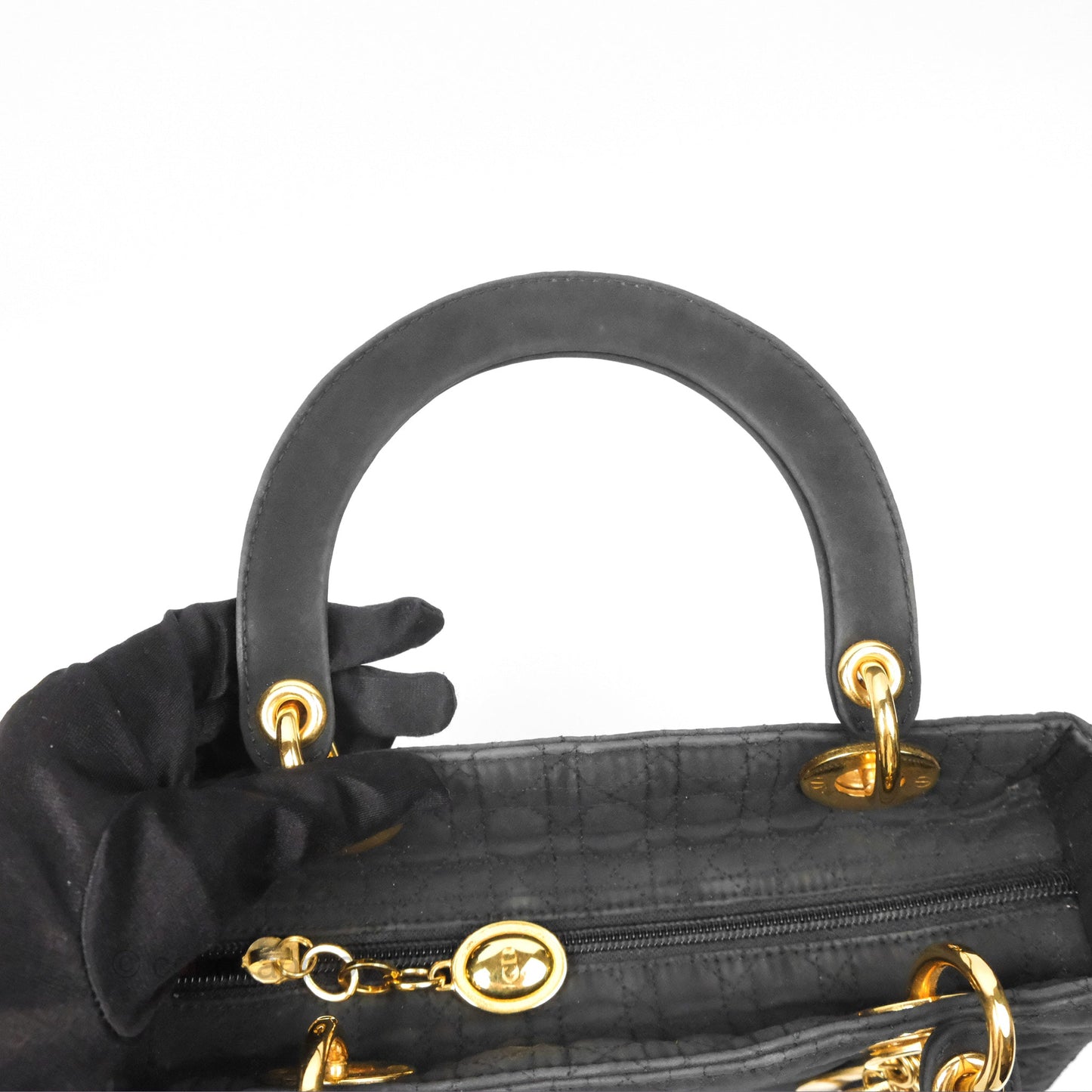 Christian Dior Vintage Medium Cannage Fabric Black Lady Dior Gold Hardware