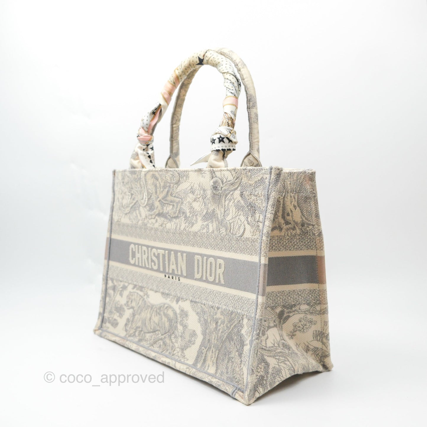 Christian Dior Medium (Old Small) Book Tote Embroidered Toile De Jouy Light Grey Canvas
