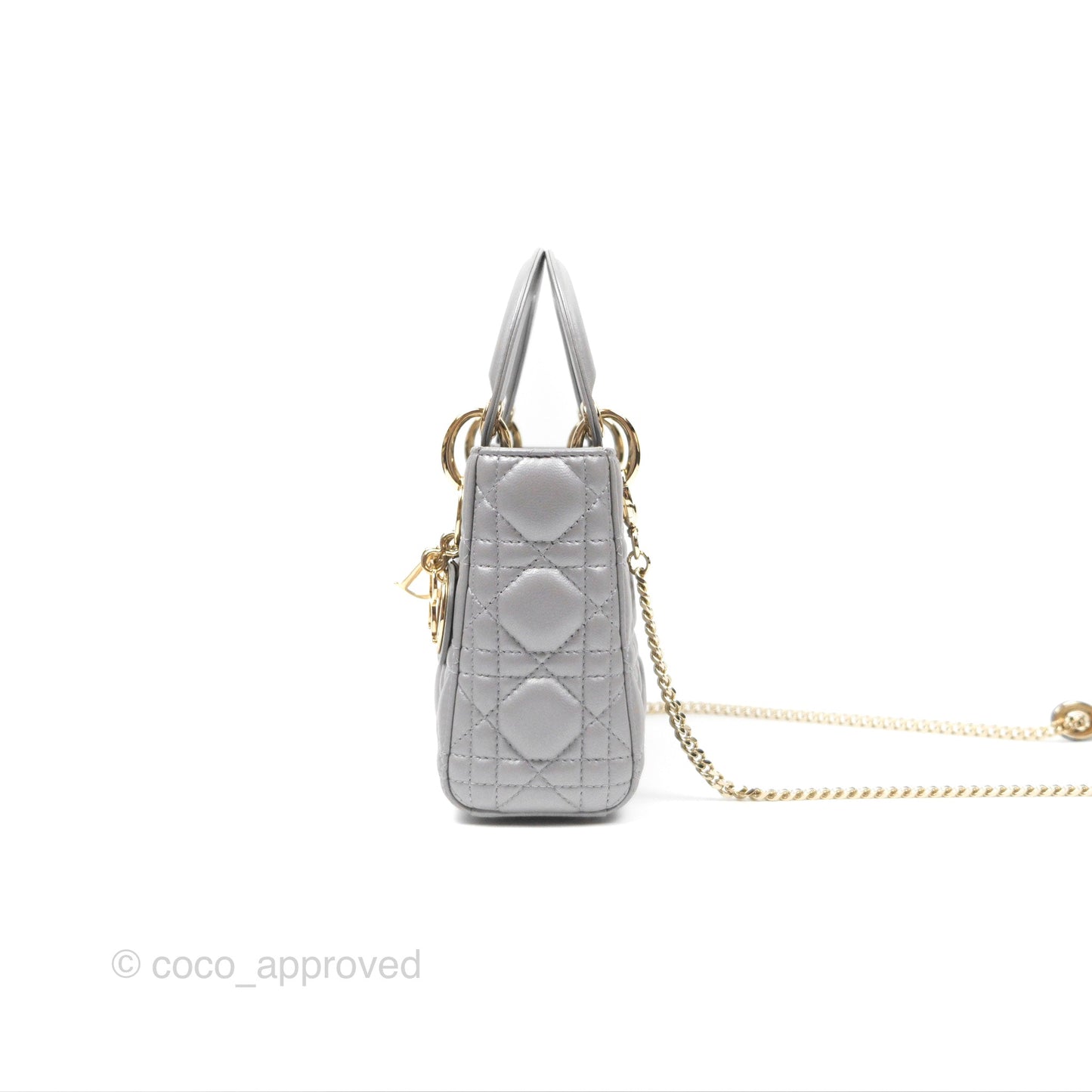 Christian Dior Lambskin Cannage Mini Lady Dior Iridescent Grey Gold Hardware