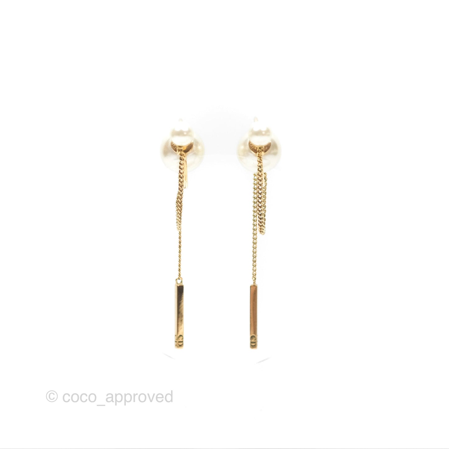 Christian Dior CD Pearl Long Drop Earrings Gold Tone
