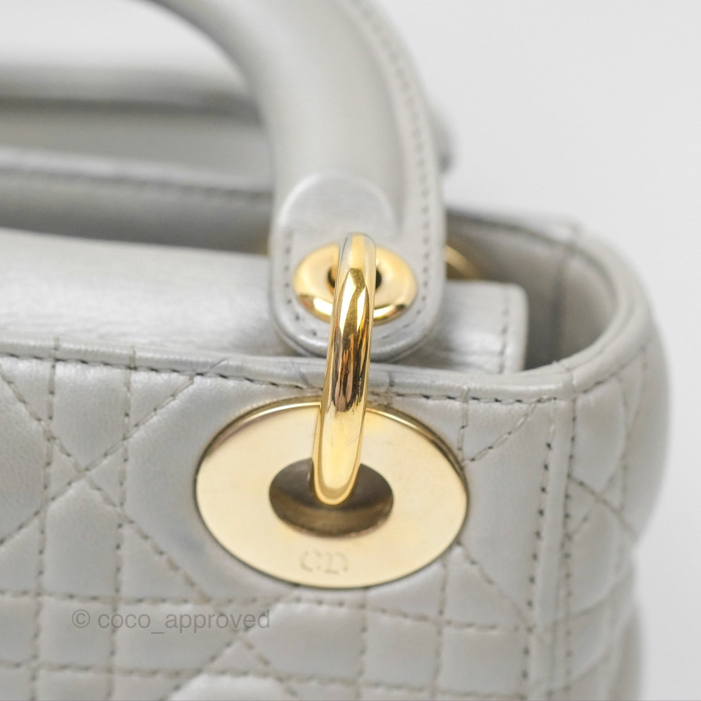 Christian Dior Mini Lady Dior Iridescent Light Grey Cannage Lambskin Gold Hardware