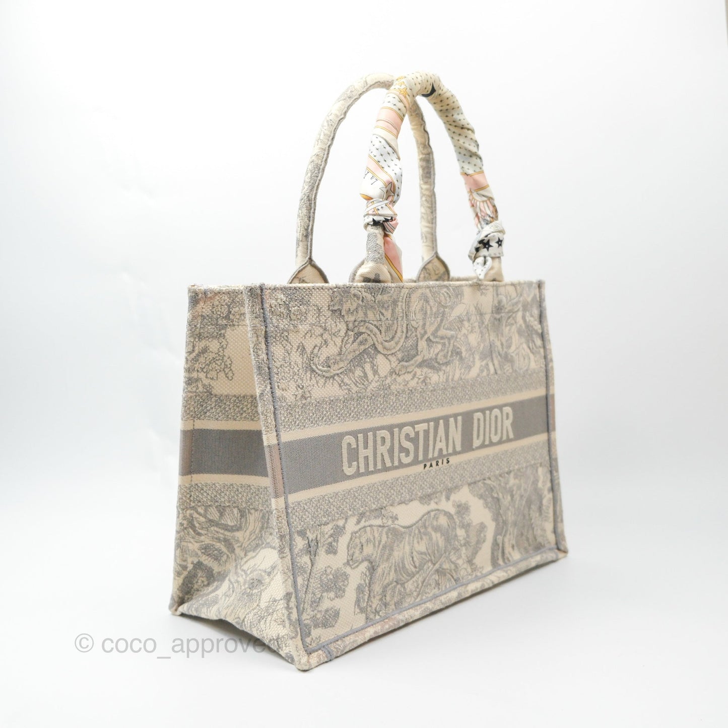 Christian Dior Medium (Old Small) Book Tote Embroidered Toile De Jouy Light Grey Canvas
