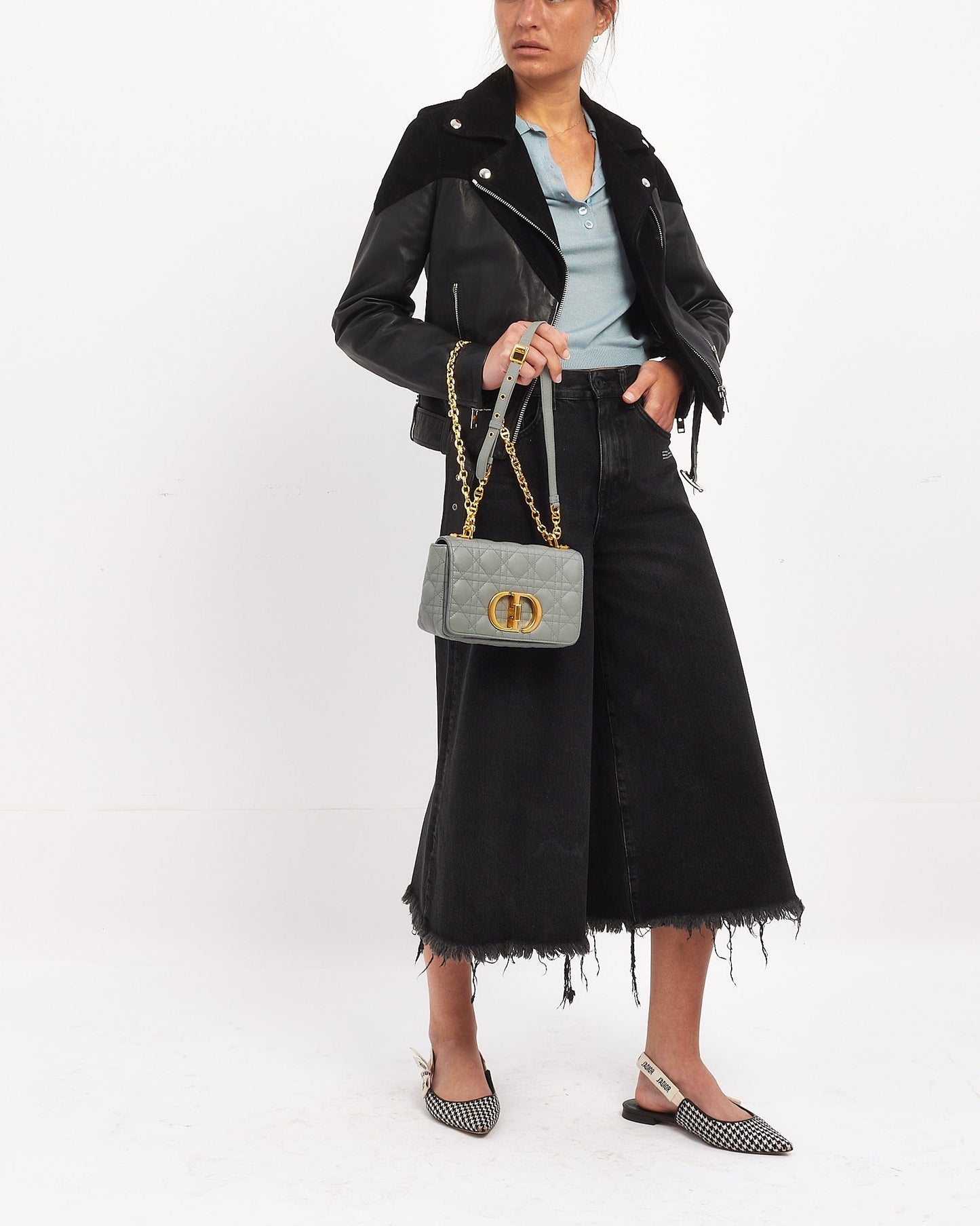 Dior Grey (Stone) Leather Small Caro Bag with Gold Hardware