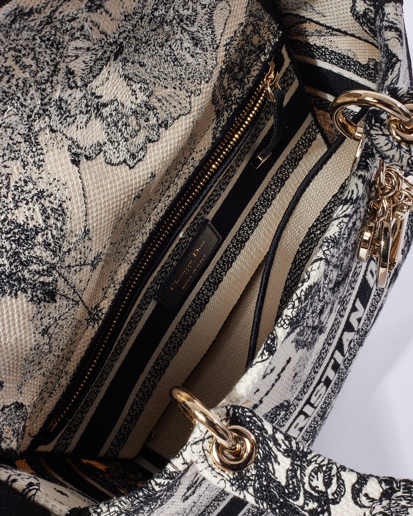 Dior Cream & Black Toile De Jouy Zodiac Embroidery Canvas Medium Lady D-Lite Bag
