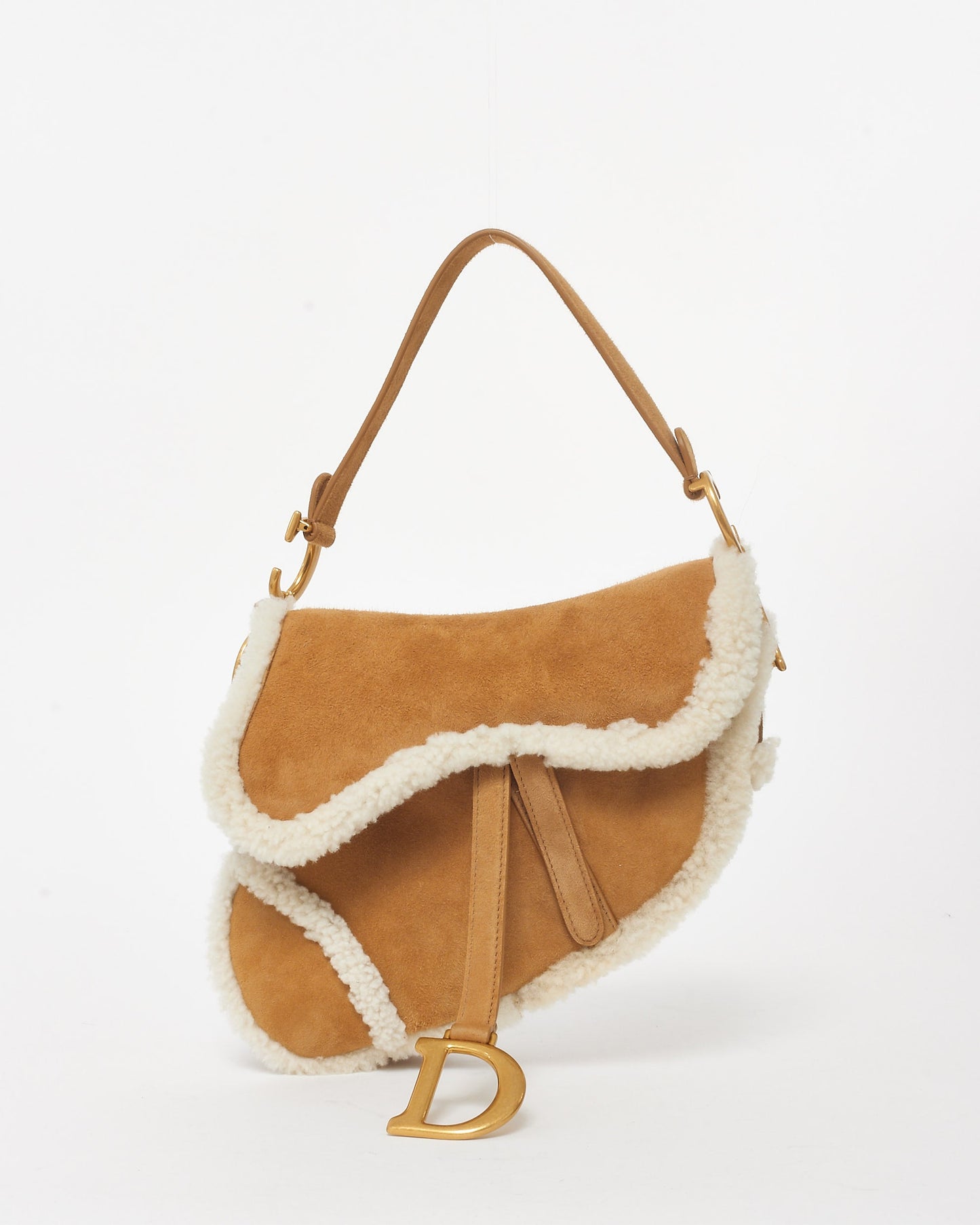 Dior Camel Brown Suede & Shearling Saddle Bag W/ Logo Embroidered Strap
