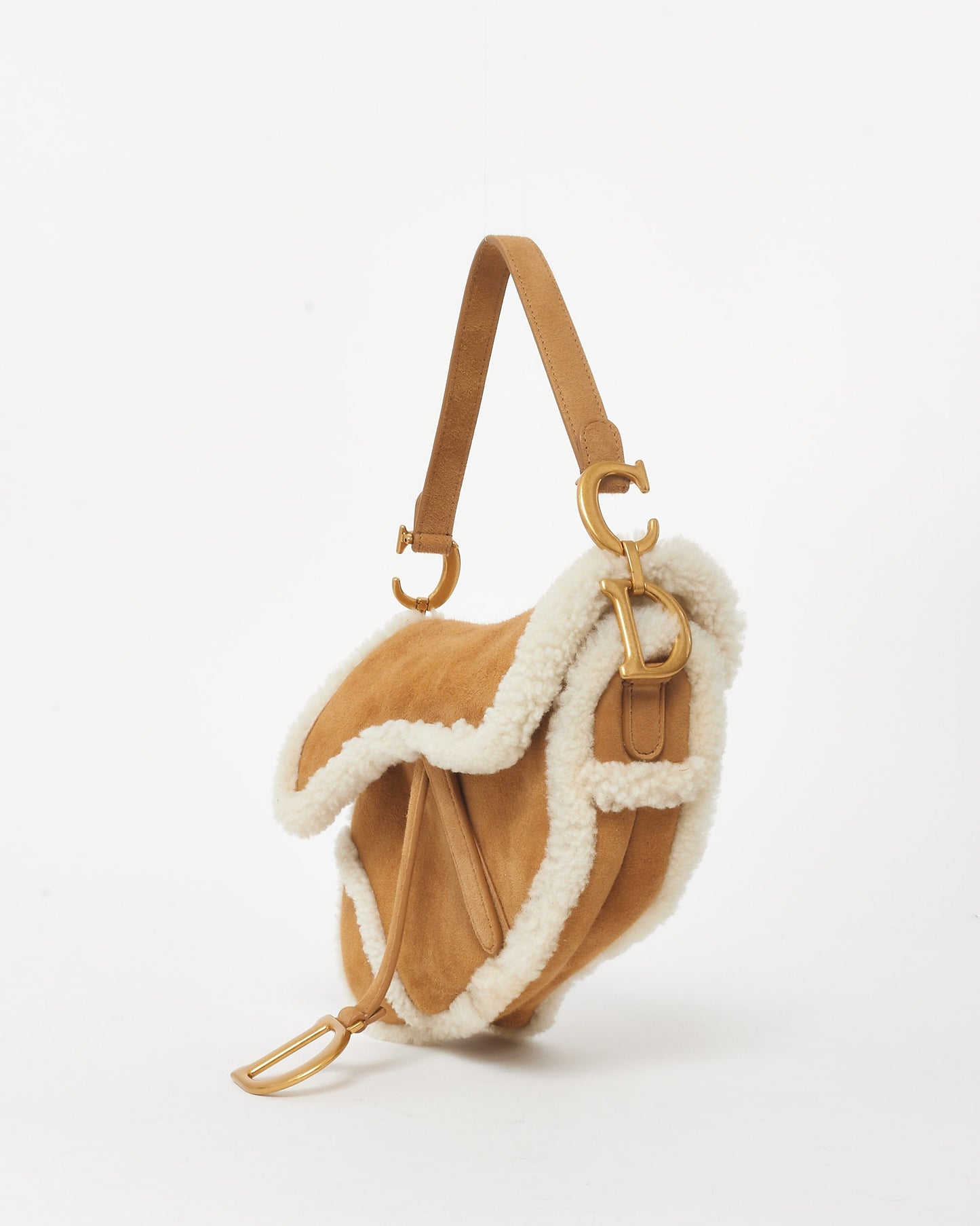 Dior Camel Brown Suede & Shearling Saddle Bag W/ Logo Embroidered Strap