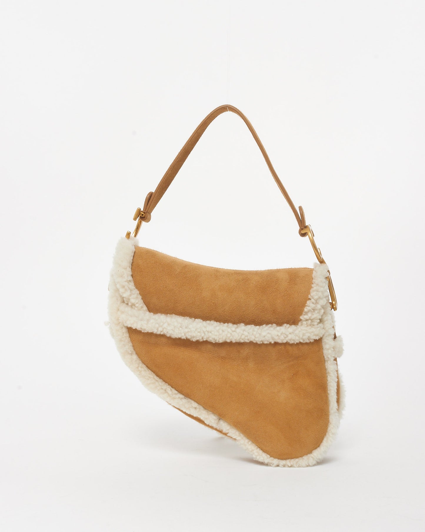 Dior Camel Brown Suede & Shearling Saddle Bag W/ Logo Embroidered Strap