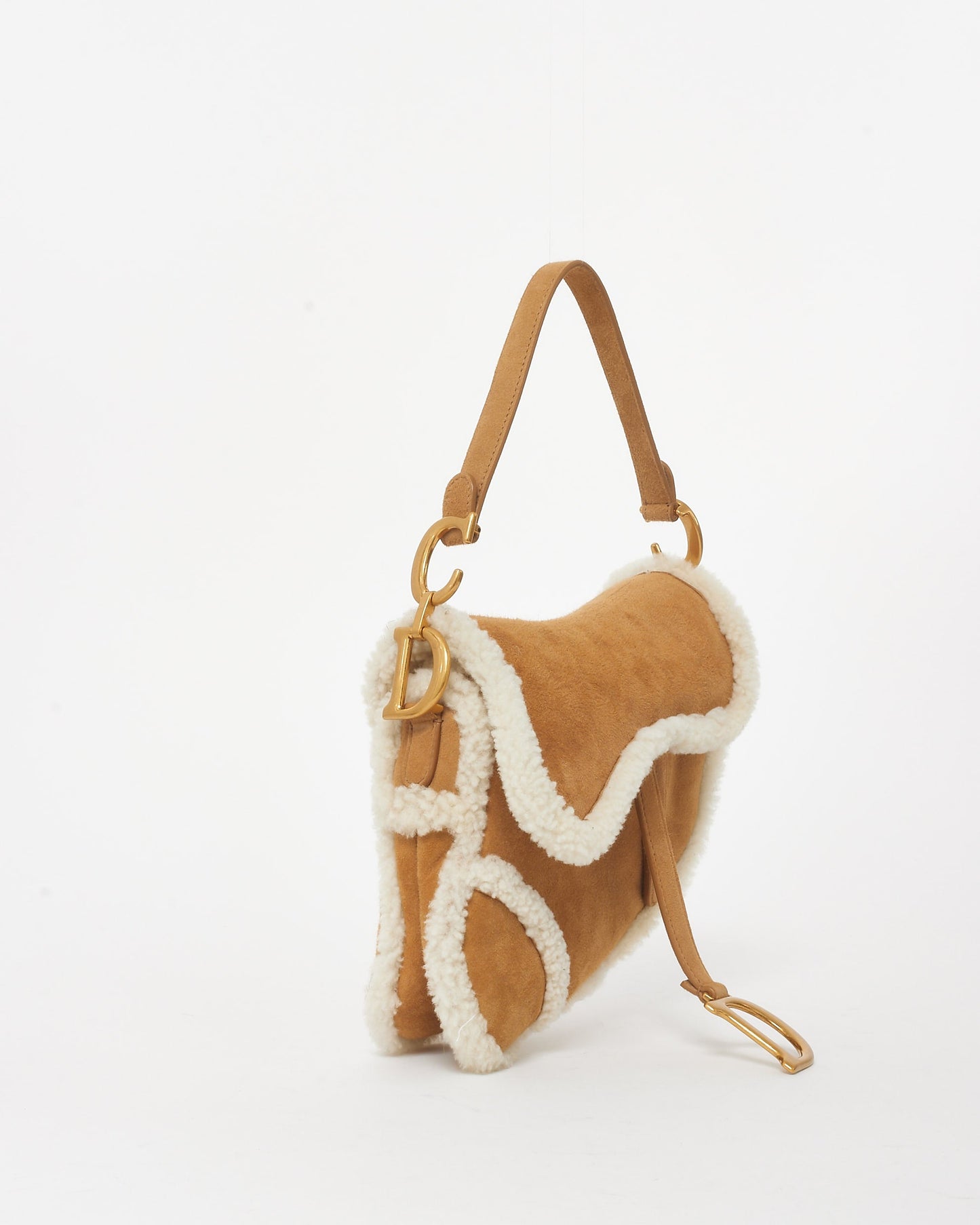 Dior Camel Brown Suede & Shearling Saddle Bag W/ Logo Embroidered Strap