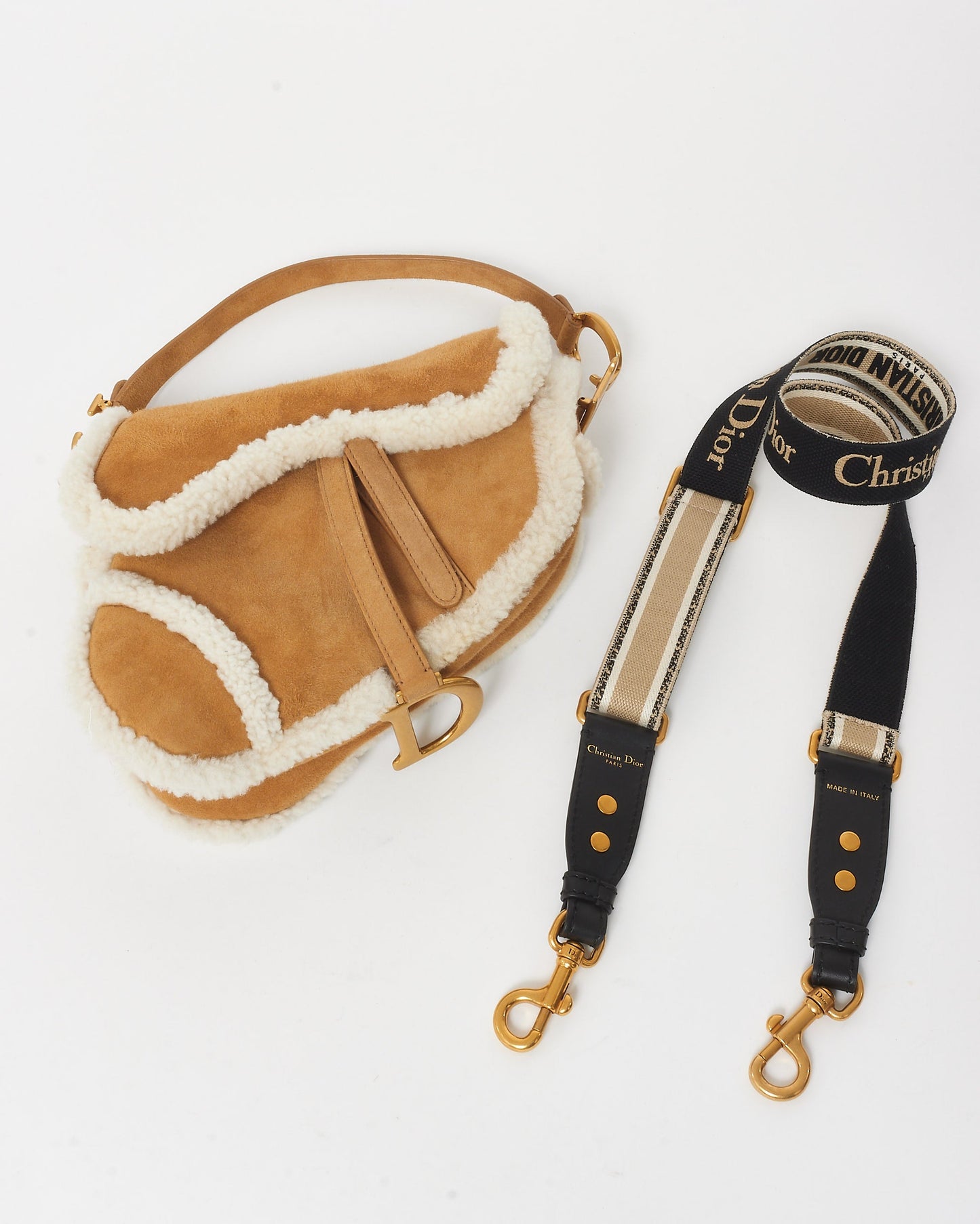 Dior Camel Brown Suede & Shearling Saddle Bag W/ Logo Embroidered Strap