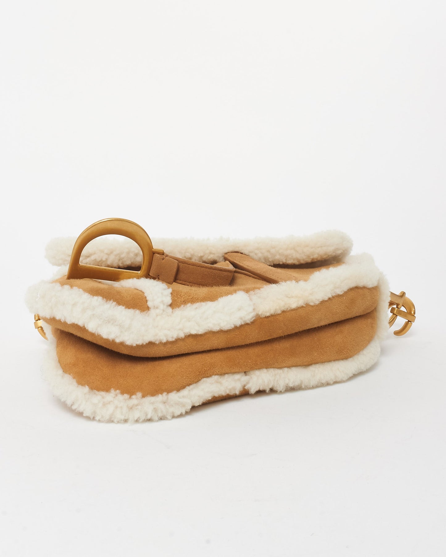 Dior Camel Brown Suede & Shearling Saddle Bag W/ Logo Embroidered Strap
