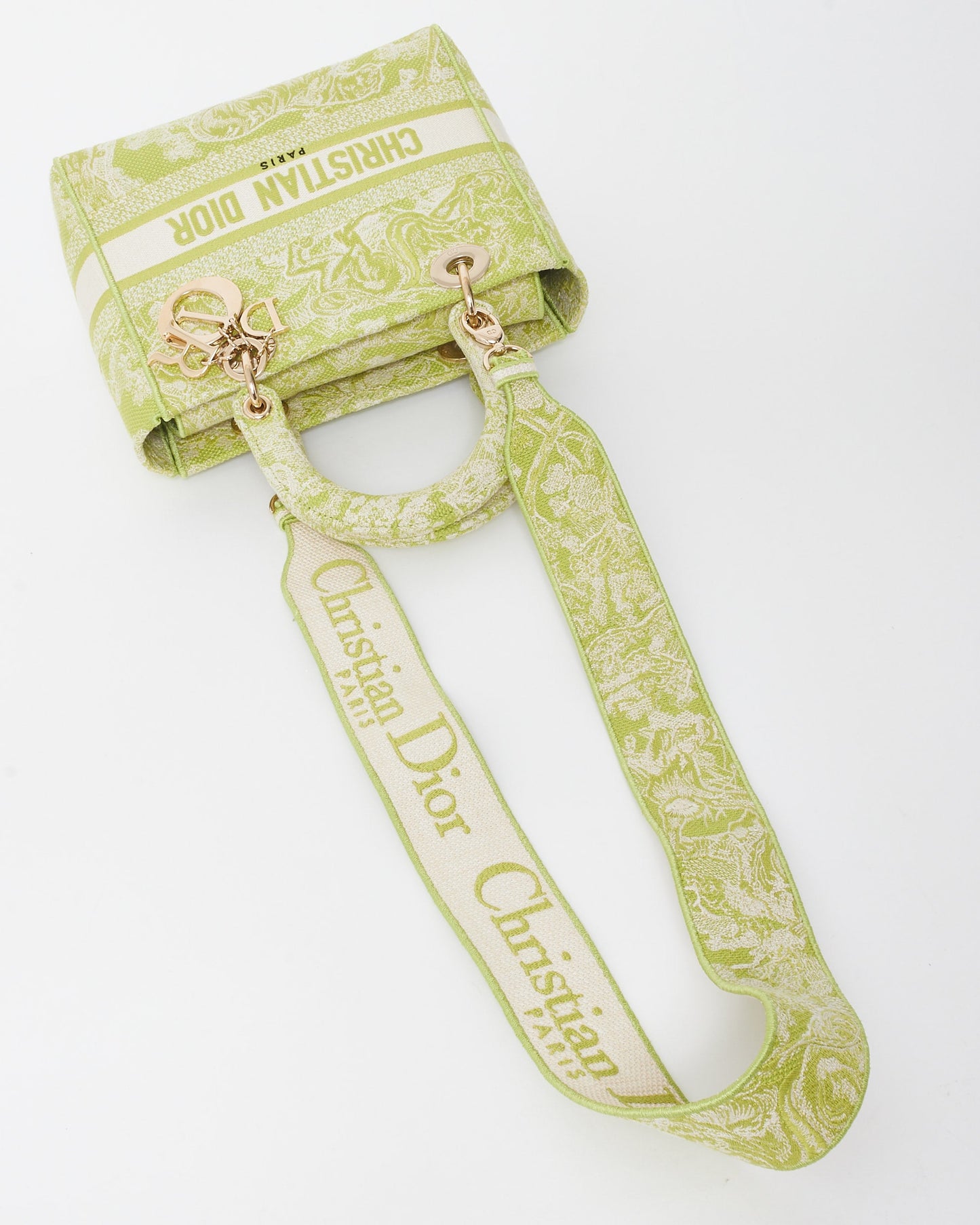 Dior Lime Green Toile De Jouy Embroidered Canvas Medium Lady D-Lite Bag