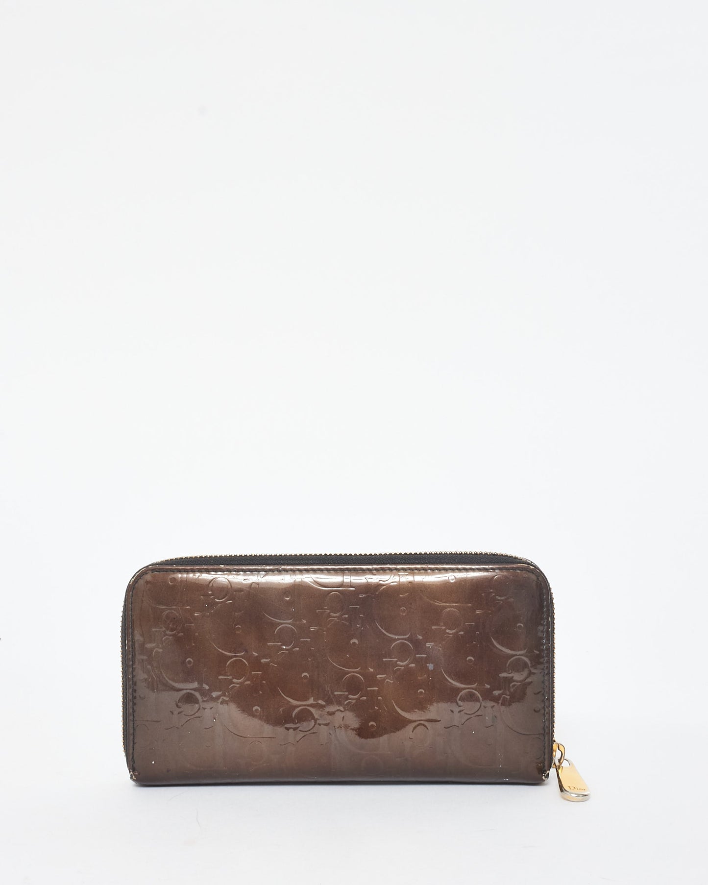 Dior Brown Patent Leather Oblique Monogram Long Zip Wallet