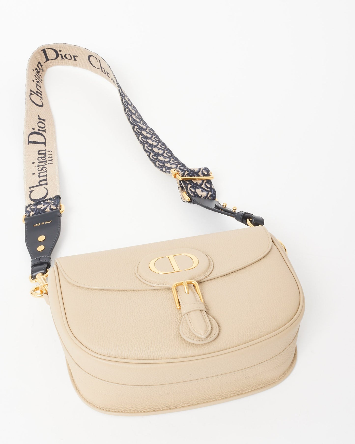 Dior Beige Grained Calfskin Leather & Blue Embroidered Guitar Strap Large Bobby Crossbody Bag