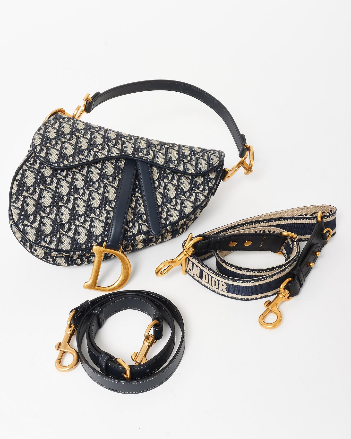 Dior Blue Oblique Canvas Saddle Bag W/ Adjustable Logo Strap & Leather Strap