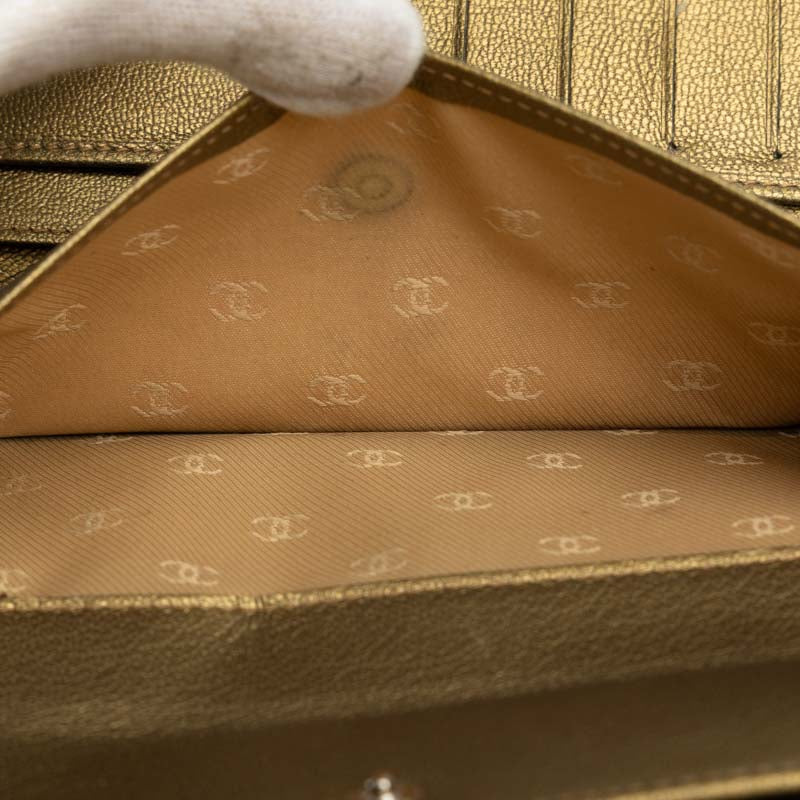 Chanel Cocomark Three Folded Wallet Long Wallet Metal Curry Leather CHANEL
